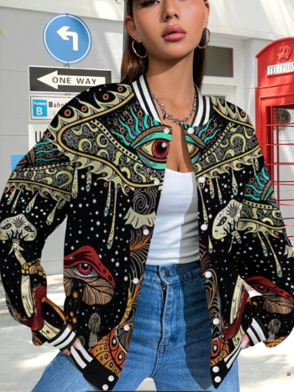 Women's Third Eye Mushroom Psychedelic Baseball Jacket Hippie Long Sleeve